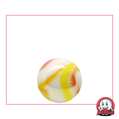 Glasmurmel Opak Orange Tiger 16 mm, glänzend weiß mit orangefarbenen und gelben Arabesken