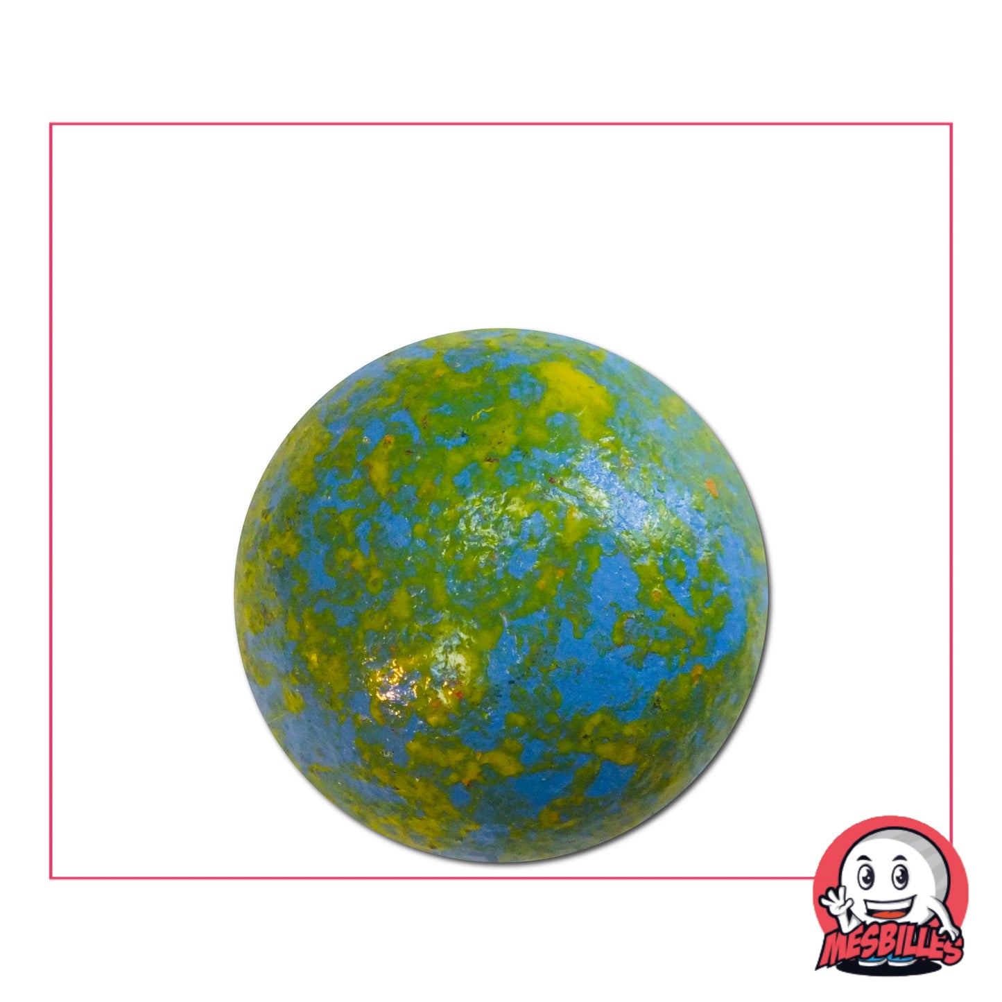 Bille en terre bleu moucheté de 25 mm, aux éclats jaunes et verts, parfaite pour collection ou jeux traditionnels