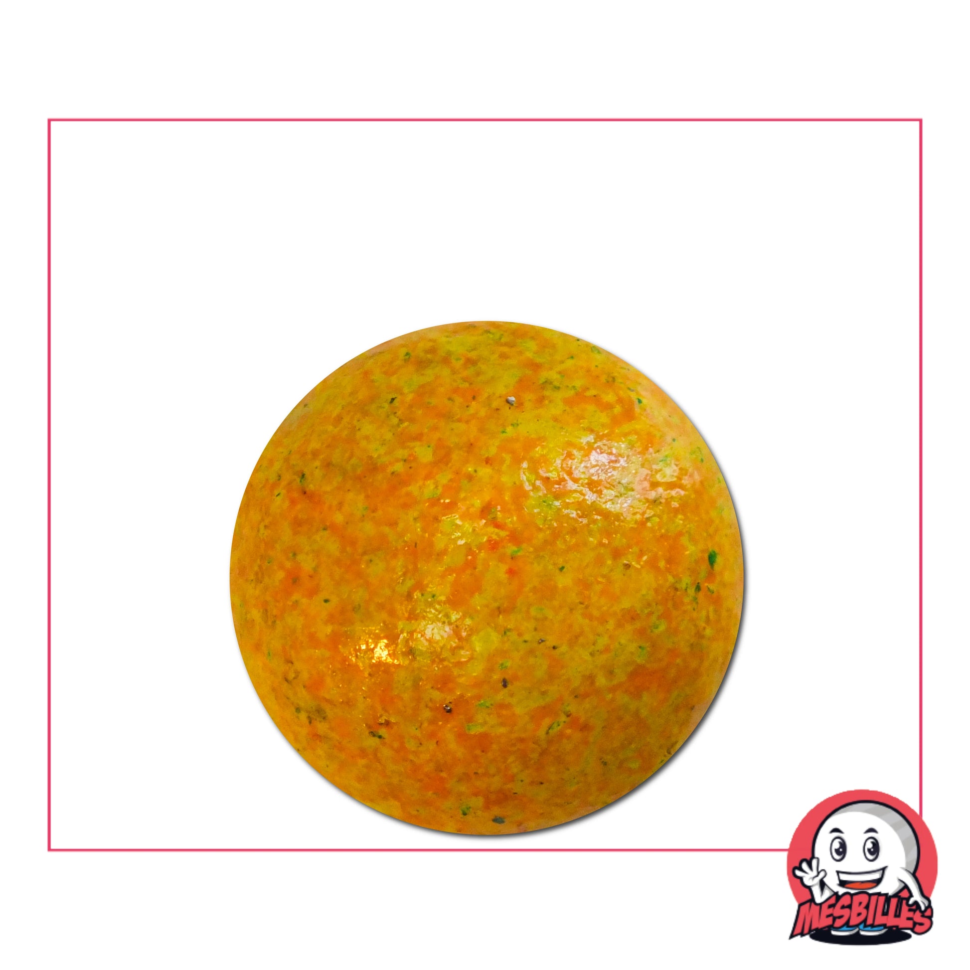 Bille en terre jaune moucheté de 25 mm, aux nuances orangées et vertes, idéale pour collection ou jeu traditionnel
