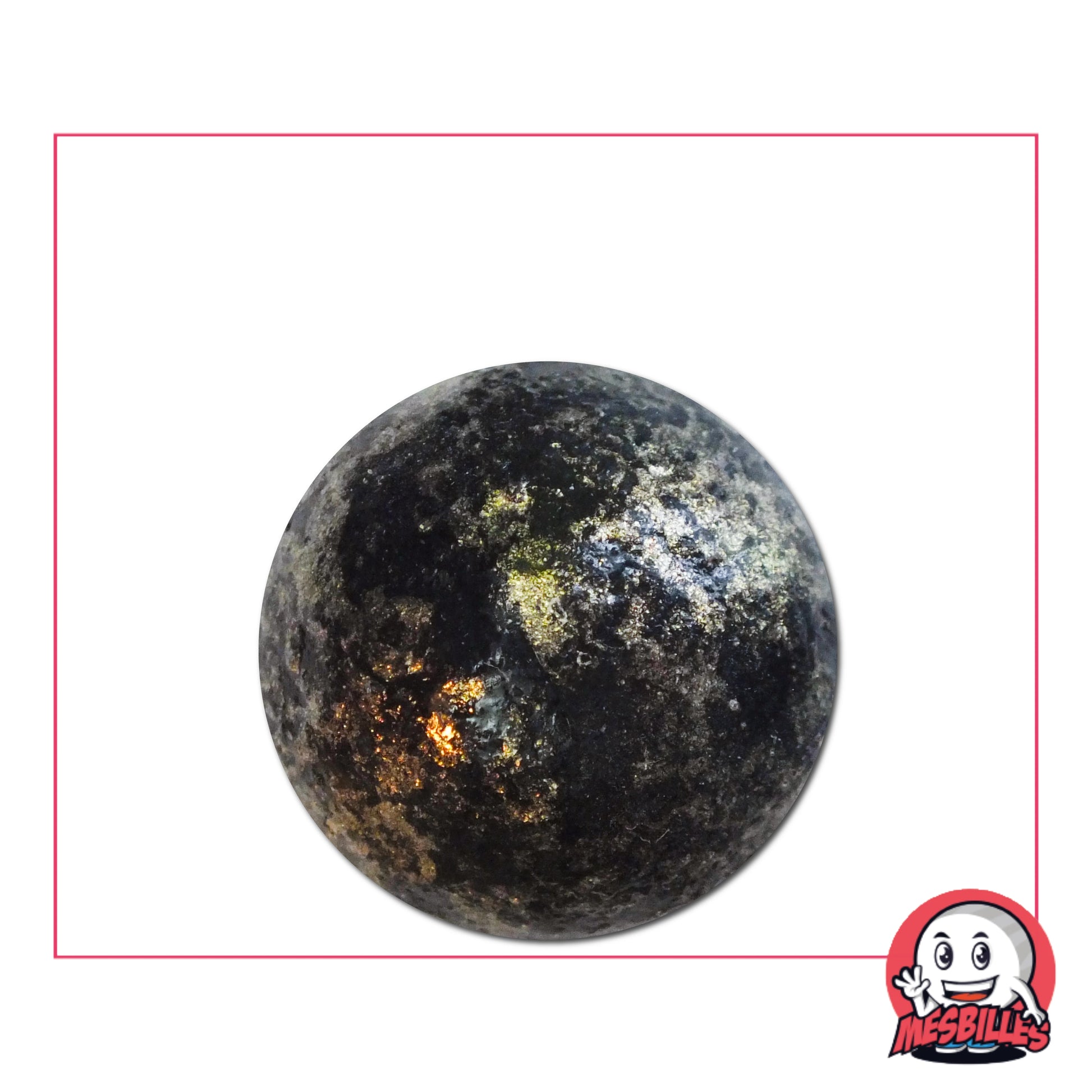 Bille en terre noir moucheté de 25 mm, avec reflets dorés et argentés, parfaite pour collections ou jeux traditionnels