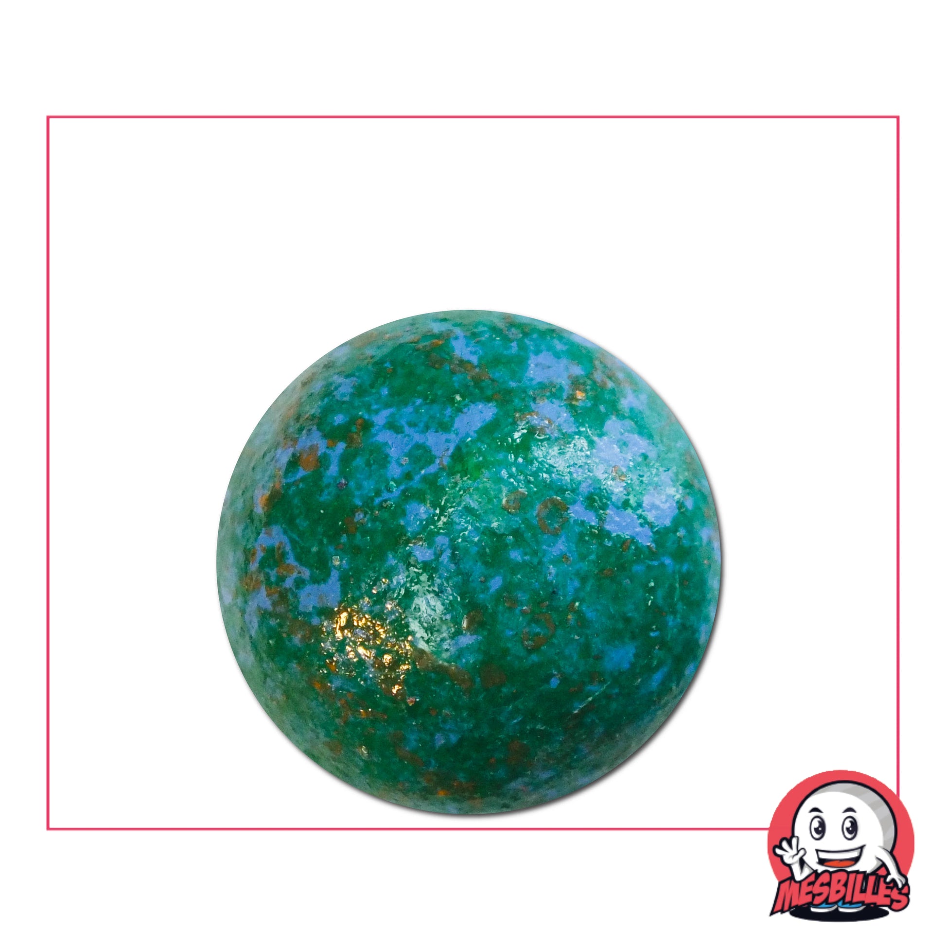 Bille en terre vert moucheté de 25 mm, aux nuances vertes, bleues et dorées, idéale pour collection ou jeu traditionnel