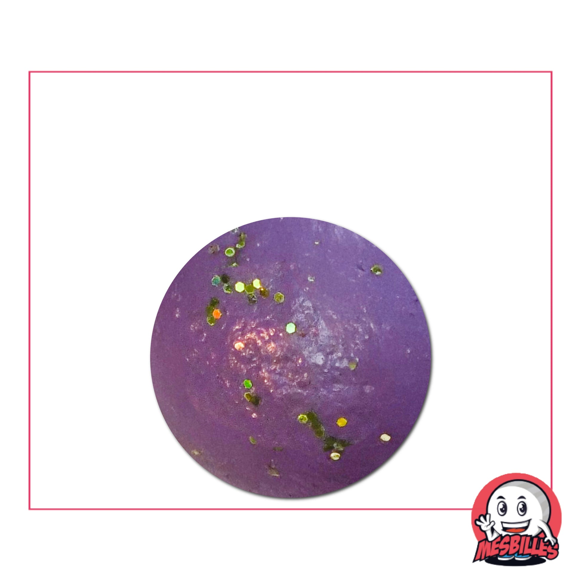 Bille en terre violet paillettes 22 mm, décorée d’éclats verts et dorés, idéale pour collectionneurs ou parties traditionnelles