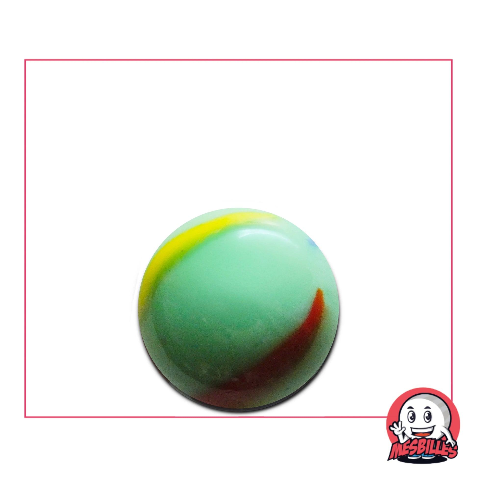 Gros plan d’une bille Jade 16 mm vert tendre avec touches jaune et rouge, inspirée des pierres précieuses, idéale pour collection ou jeu
