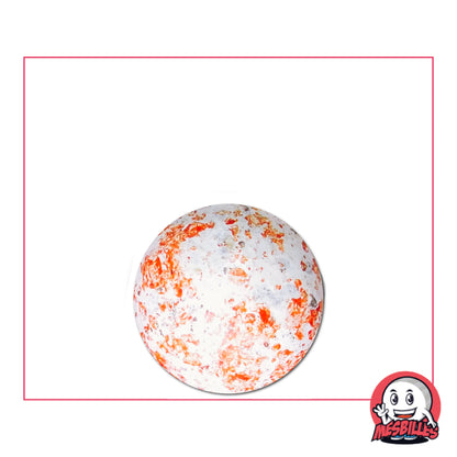 Bille en terre blanche moucheté 16 mm isolée sur fond blanc avec logo MesBilles en bas à droite