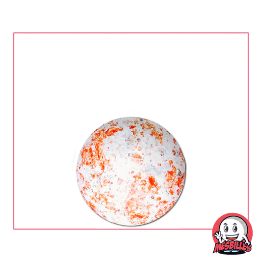 Bille en terre blanche moucheté 16 mm isolée sur fond blanc avec logo MesBilles en bas à droite