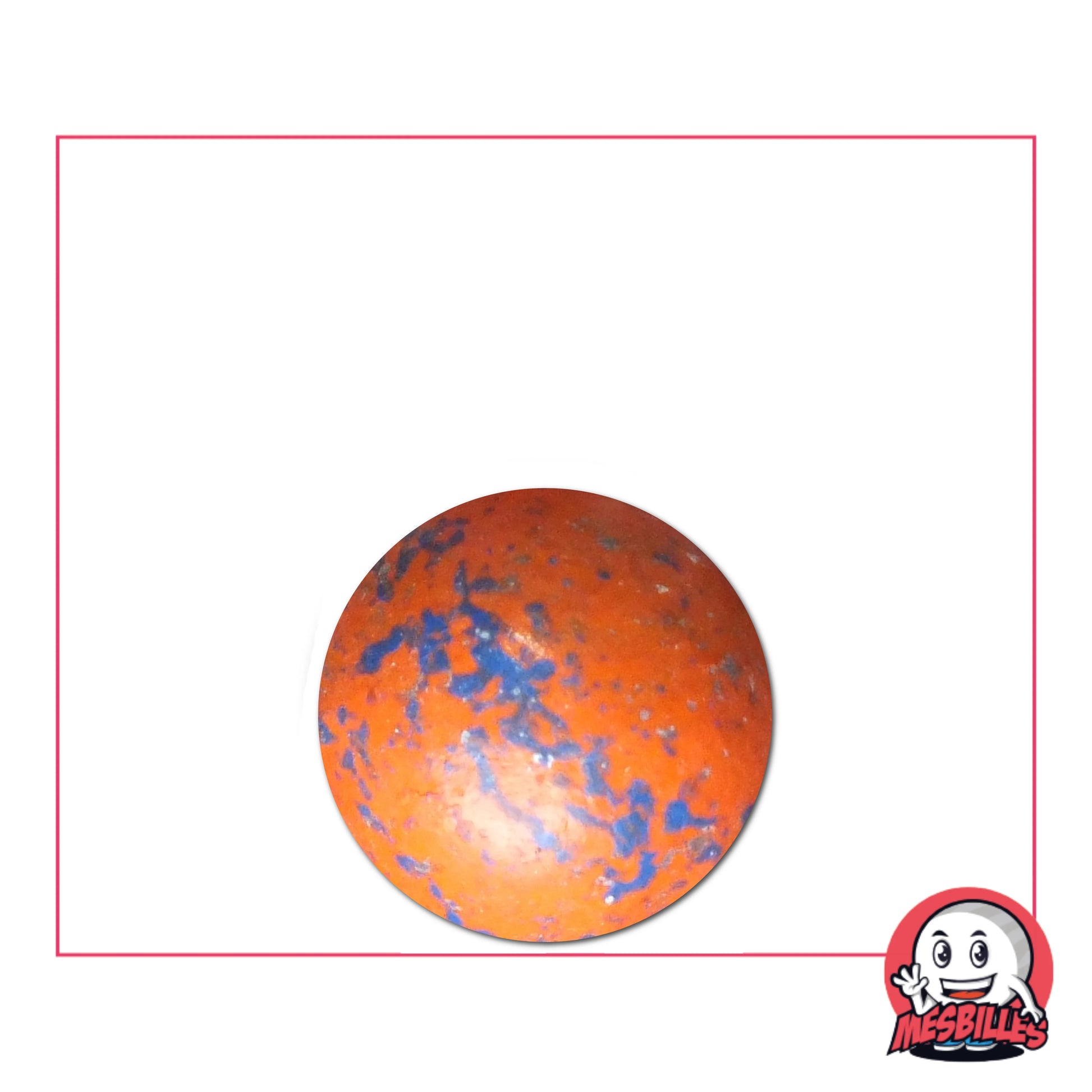 Bille en terre orange mouchetée de 16 mm, avec motifs bleus, idéale pour collection ou jeu de billes traditionnel