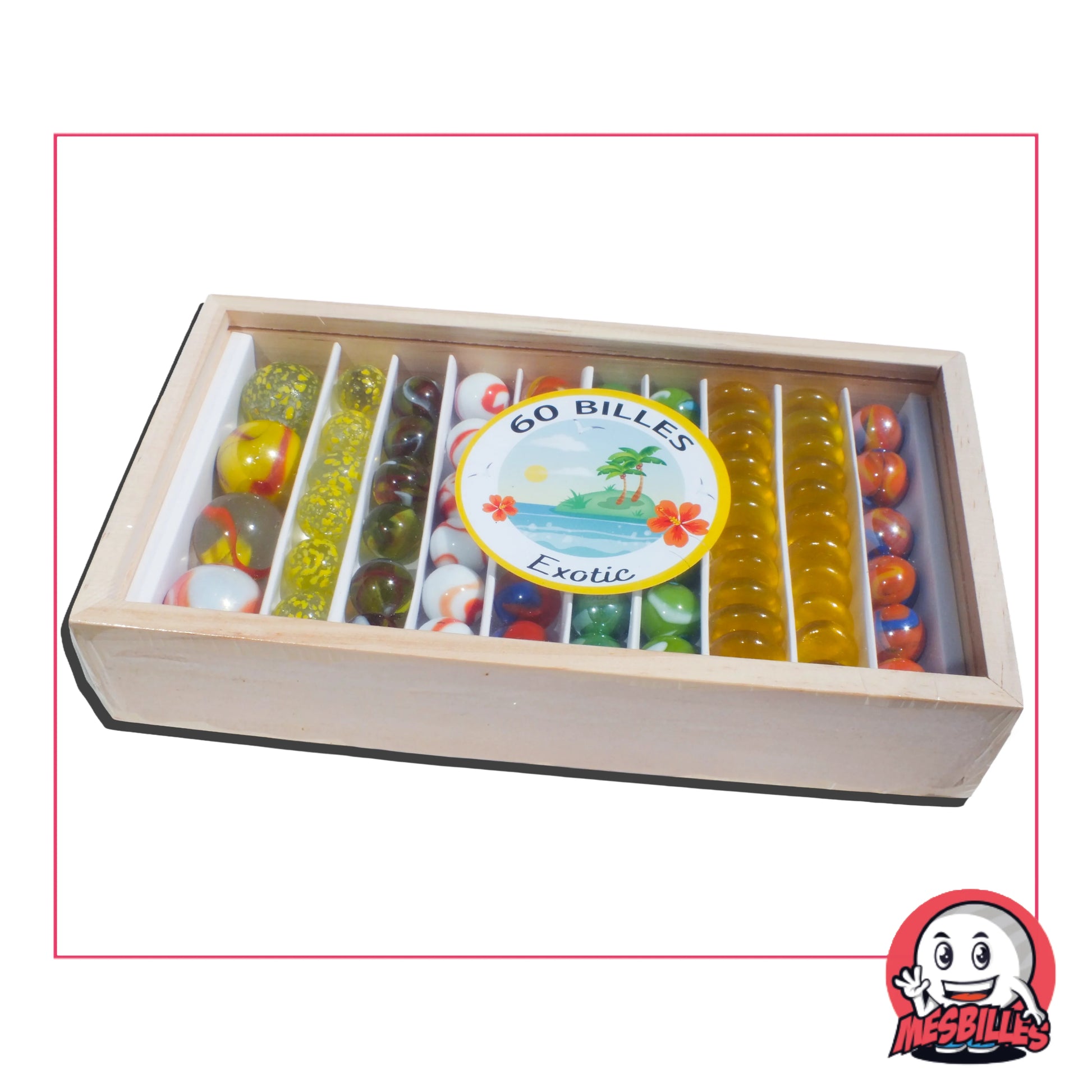 Coffret en bois contenant 60 billes aux tons exotiques (rouge, vert, jaune, orange), avec une étiquette représentant une île tropicale, des fleurs et la mer.