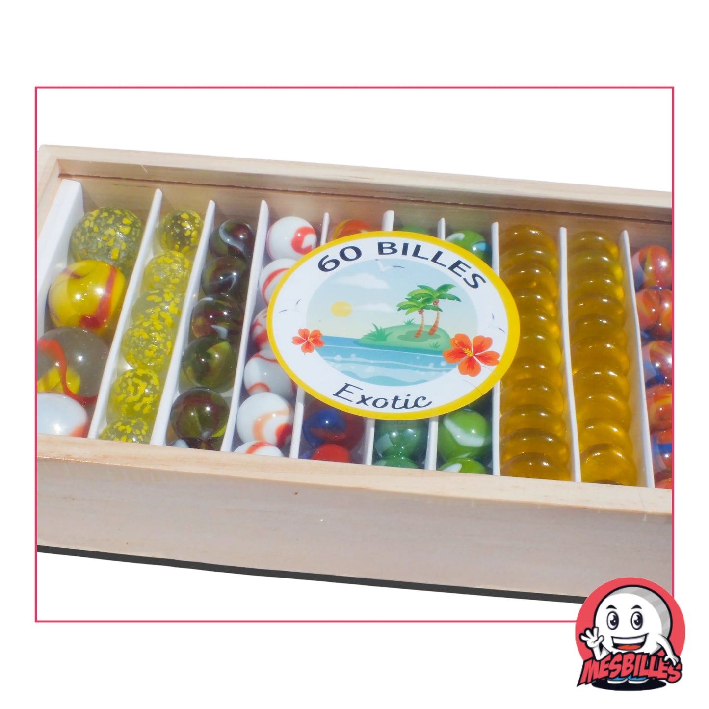 Coffret 60 billes Exotic Kim’Play : motifs tropicaux, couleurs ensoleillées et coffret bois. L’évasion est dans la boîte !