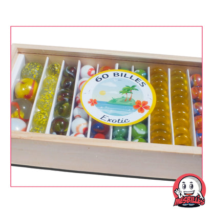 Coffret 60 billes Exotic Kim’Play : motifs tropicaux, couleurs ensoleillées et coffret bois. L’évasion est dans la boîte !