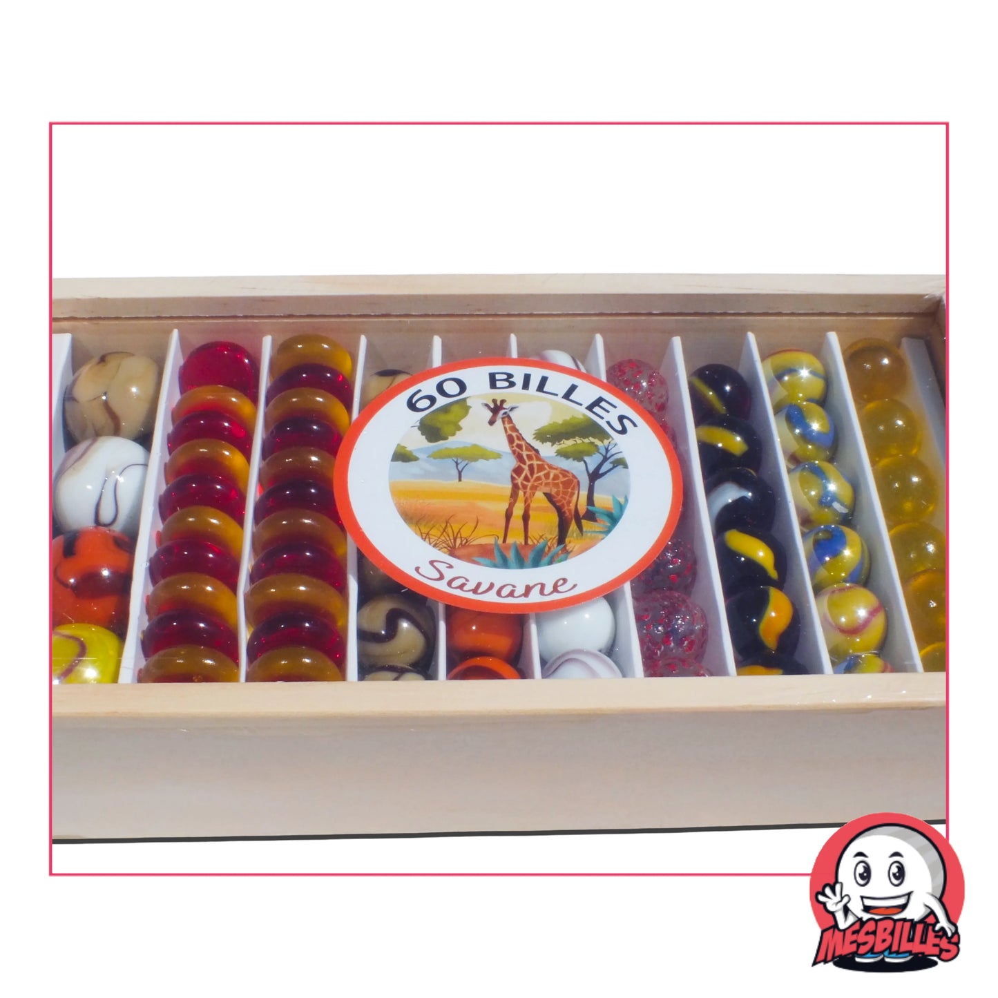 Coffret 60 billes Savane Kim'Play : tons chauds, motifs fauves et coffret bois. Idéal pour les petits explorateurs et les collectionneurs aventuriers.